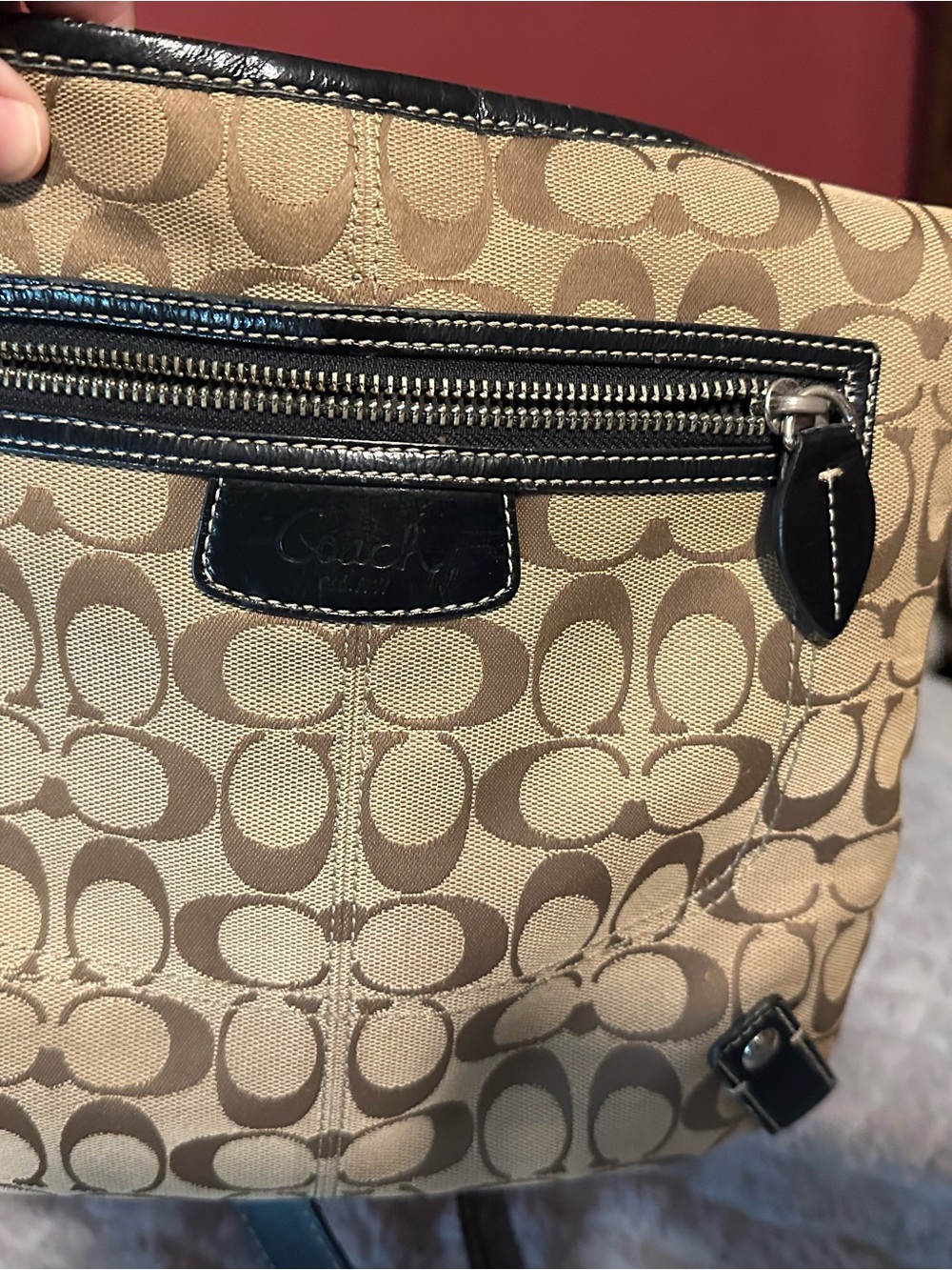 Coach Khaki and Saddle Canvas Logo Tote with Black Trim